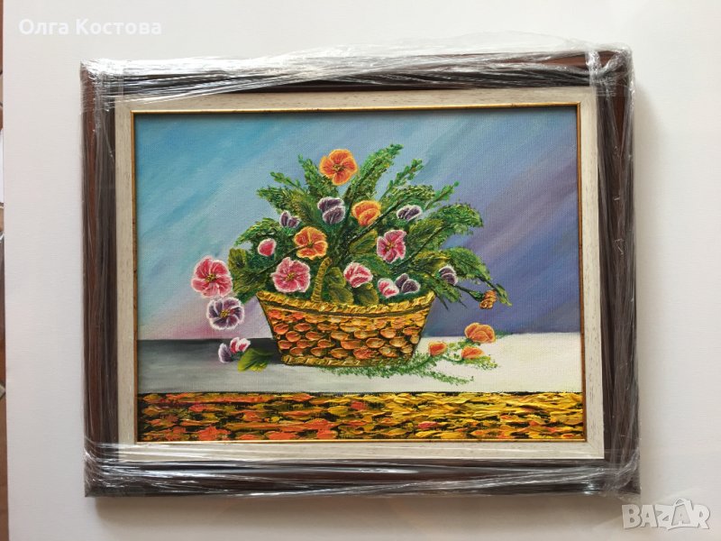 Картина за подарък. Картина с маслени бои. Картина с цветя ”Кошничка с теменужки”, снимка 1