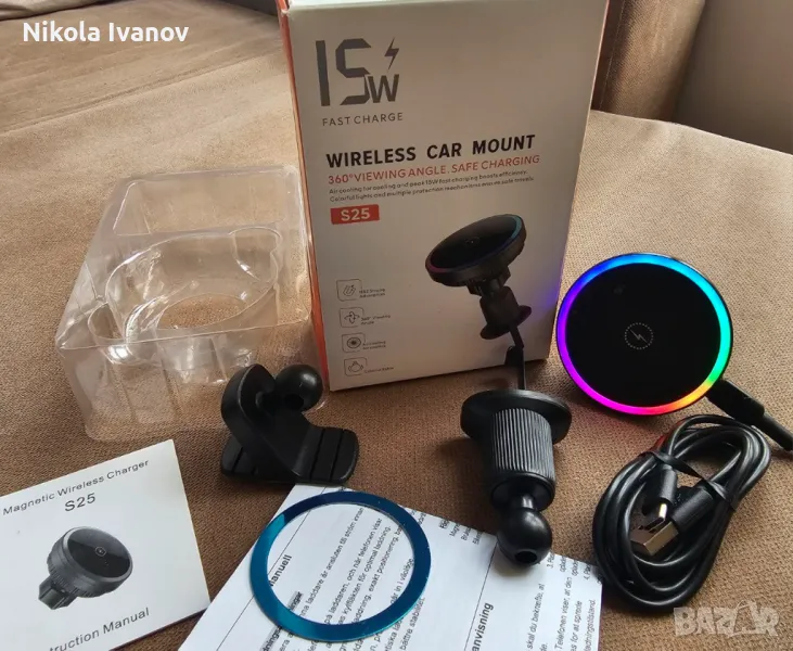 Безжично магнитно зарядно за телефон с охлаждане + поставка за кола | MagSafe car charger, снимка 1