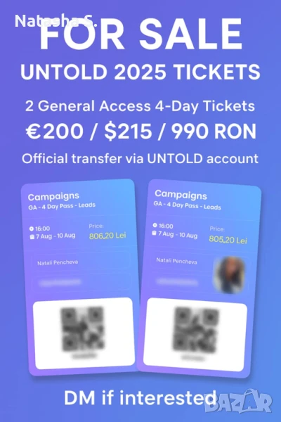 Два билета за фестивала UNTOLD - Румъния, снимка 1