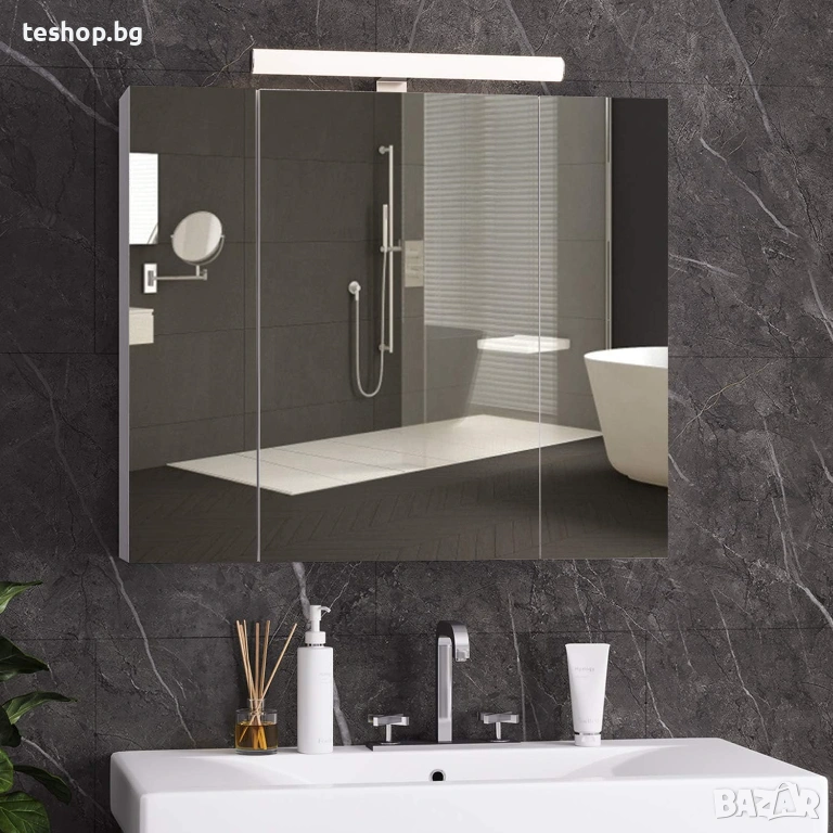 Шкаф за баня с огледало с LED осветление, контакт и ключ за светлина 70 x 15 x 60 см (Ш x Д x В), снимка 1