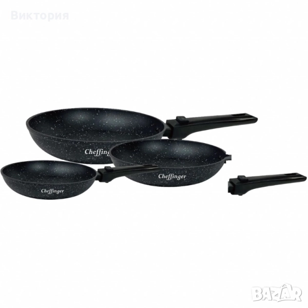 Комплект 3 бр. индукционни тигани Cheffinger с подвижни дръжки, снимка 1