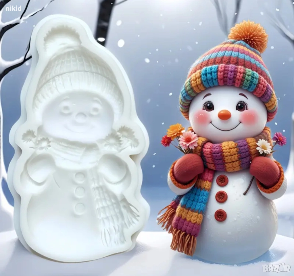 Сладък Коледен човек с цвете силиконов молд форма фондан шоколад декор, снимка 1