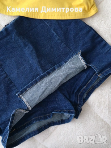 Дамски летен сет – жълт топ + дънкова пола-гащи, снимка 3 - Комплекти - 53285714