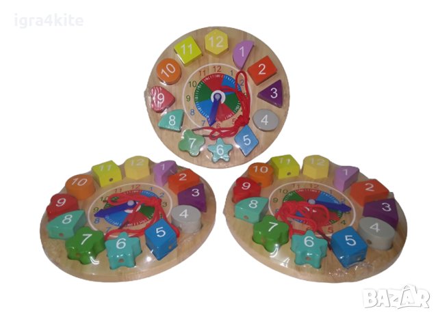 Масивен дървен детски часовник с фигури и връв / Монтесори дървени играчки, снимка 4 - Образователни игри - 38808227