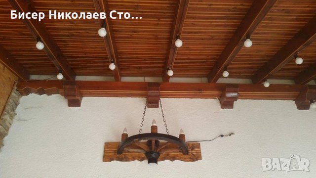 Етно стенна лампа-аплик от колело на каруца с ръчно изработени дървени чашки!, снимка 12 - Лампи за стена - 9066252