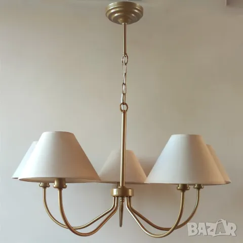 Класически  модерен метален полилей с 5 рамена, със стъклени абажури ,модерна лампа,осветление, снимка 7 - Полилеи - 47676718