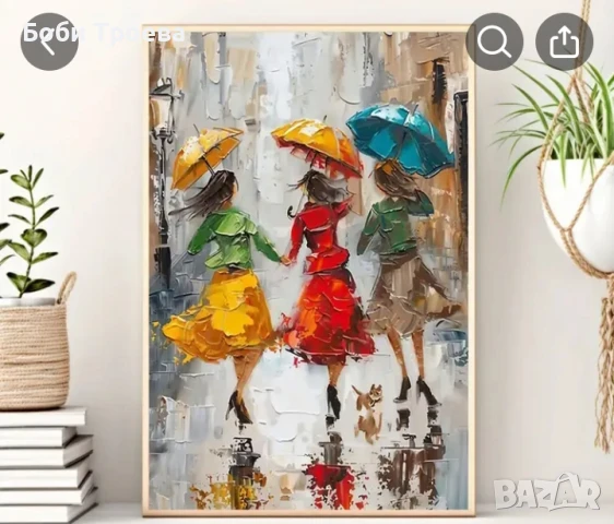 Платнена Стенна Декорация - Три Жени Танцуват в Дъжда с Цветни Чадъри, снимка 2 - Картини - 50712920