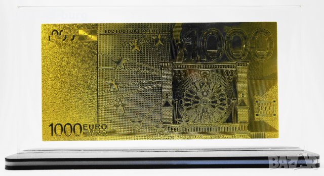 Златна банкнота 1000 Евро в прозрачна стойка - Реплика, снимка 2 - Нумизматика и бонистика - 27074765