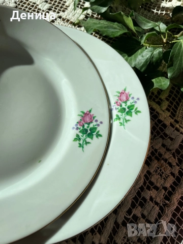 Българска роза на Китка Златен кант, изчистен модел 6 броя-24 см за основно 6 броя-23.5 см , снимка 12 - Чинии - 52658113