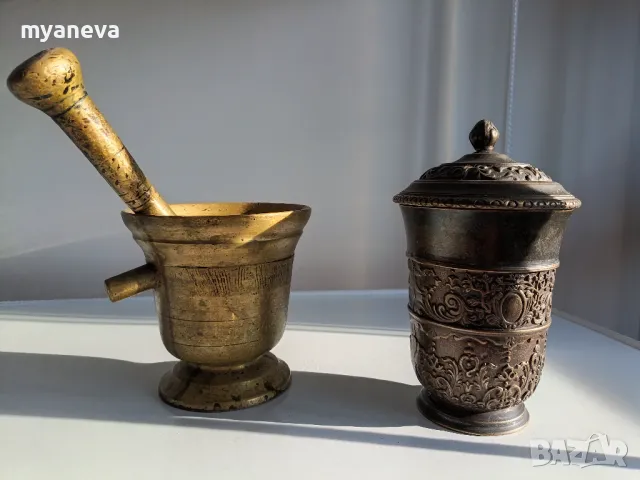 Vintage, бронзов съд с капак, чаша с богата орнаментика и функционалност. , снимка 8 - Декорация за дома - 48838819