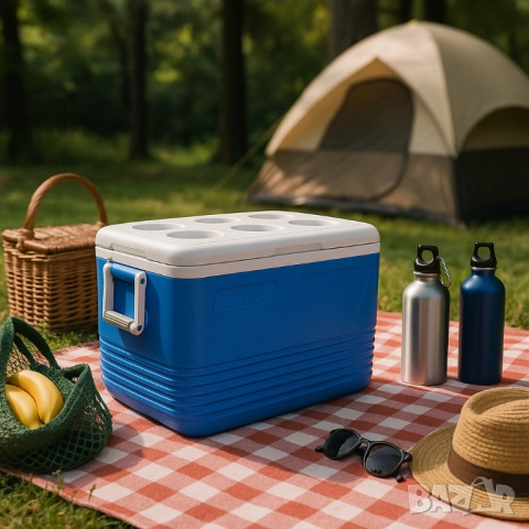 Хладилна кутия Atlantic 60L, пасивна, синя, с поставки за чаши, снимка 5 - Друга електроника - 52137403