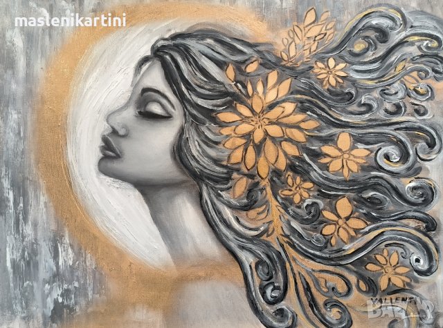 Жена със златисти цветя в косите маслена картина 