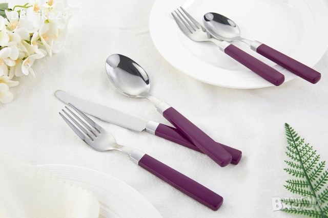 Комплект прибори от неръждаема стомана с лилави дръжки – 20 части, снимка 8 - Прибори за хранене, готвене и сервиране - 53442099