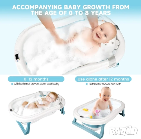 Сгъваема детска вана с дигитален термометър и анатомична подложка (0-6 години) – Синя, снимка 4 - Други - 52571992