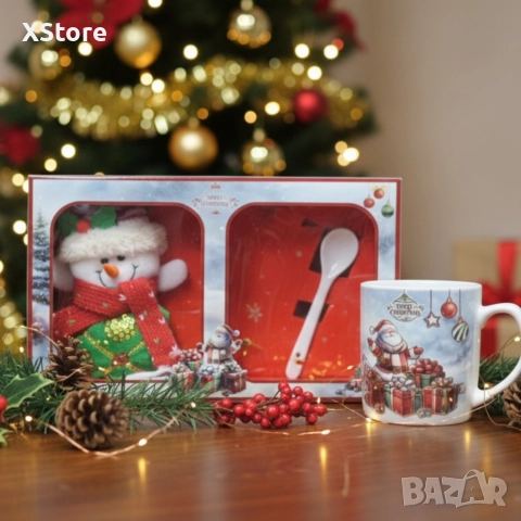 Празничен подаръчен комплект с чаша, лъжичка и снежен човек – готов за подаряване, снимка 3 - Други - 52571664