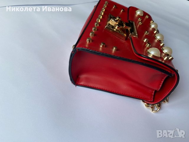 Червена чантичка с перли, снимка 3 - Чанти - 35192433