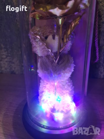  Златна роза с мече в светеща стъкленица!, снимка 2 - Изкуствени цветя - 43945919