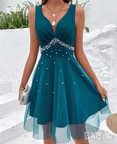 Петролено синя рокля с мъниста/камъчета, снимка 1 - Рокли - 43090383