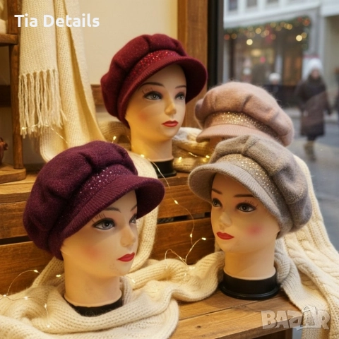 Дамска зимна плетена шапка с козирка и декоративни камъчета , снимка 7 - Шапки - 52997049