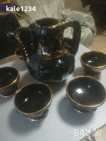 Керамичен сервиз за вино. Черно със злато. Чисто нов. Ръчно рисуван. За механа. Българско производст, снимка 3 - Сервизи - 39029147