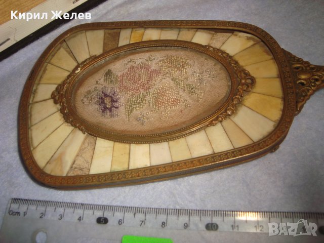 Ар НУВО ФРЕНСКО БРОНЗОВО АРИСТОКРАТИЧНО КРИСТАЛНО ОГЛЕДАЛО с РЪЧНА ВЕЗБА и ПЛОЧКИ СЛОНОВА КОСТ 21038, снимка 2 - Антикварни и старинни предмети - 38258153