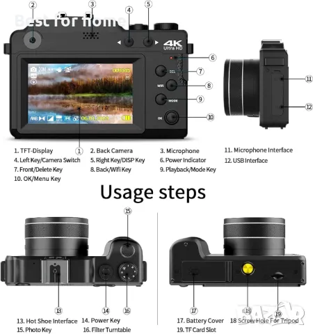 Цифрова фотокамера TEKXDD, 4K Vlog камера+ 64 GB SD карта, снимка 3 - Фотоапарати - 47727920