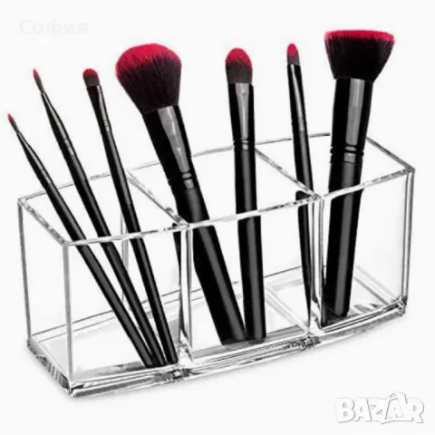Прозрачен органайзер за съхранение на грим и козметични четки с 3 слота, снимка 1
