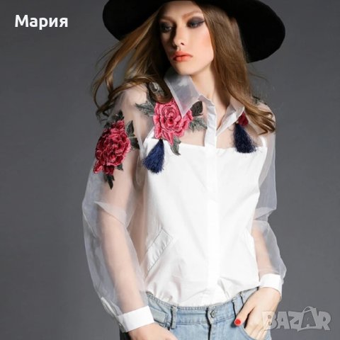 Бяла дамска риза с бродерия, снимка 1 - Ризи - 43092399