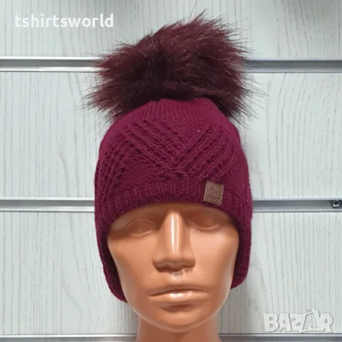 Нова детска зимна шапка тип ушанка с помпон в цвят бордо, снимка 2 - Шапки, шалове и ръкавици - 47894082