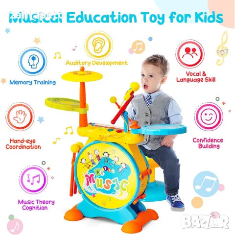 Комплект: Барабани + пиано + микрофон + столче, снимка 8 - Музикални играчки - 48246473