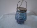 Стара захарница ръчно гравирано синьо стъкло свързвано с метален капак , снимка 1
