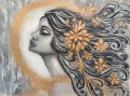 Жена със златисти цветя в косите маслена картина , снимка 1