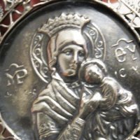 Възрожденска Сребърна икона, амулет, накит, медальон с Богородица, Дева Мария - Панагия 60 мм - Бого, снимка 3 - Антикварни и старинни предмети - 32350179