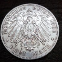 3 марки 1908 година Баден Германия сребро, снимка 3 - Нумизматика и бонистика - 40398388