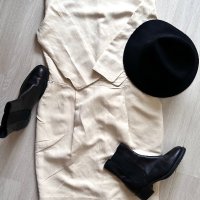 Malene Birger стилна и елегантна ленена рокля, черни боти естествена кожа Tod’s & черна вълнена шапк, снимка 2 - Рокли - 43887242