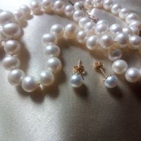 Перли със злато 18 и 14 карата/колие+обеци/, снимка 2 - Бижутерийни комплекти - 37051677