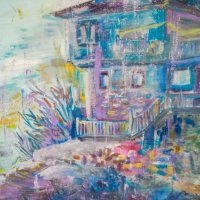 Ръчно изработена картина "Дом в лазурна синева", 53х72 см, снимка 3 - Картини - 38820279