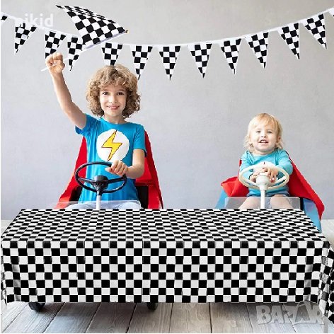 черно бели квадрати Рали шах мат найлонова покривка за парти рожден ден, снимка 1