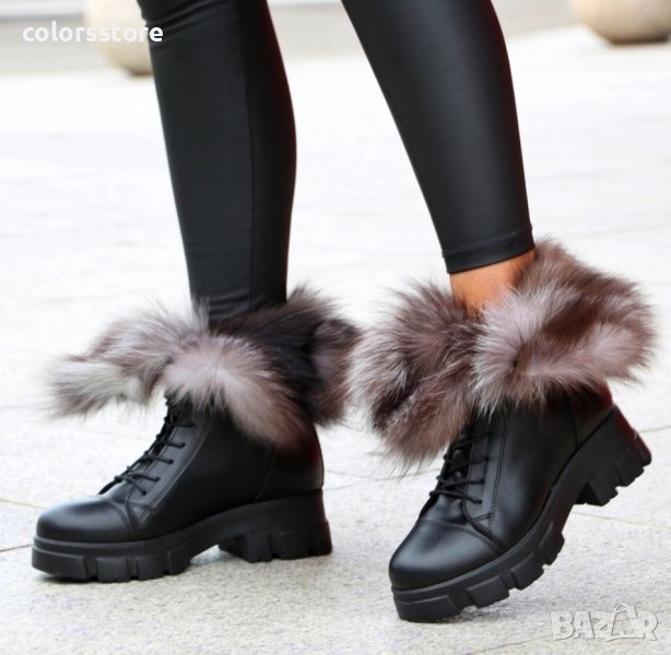 Равни боти - черна кожа със сив ЕСТЕСТВЕН пух - TR34, снимка 1