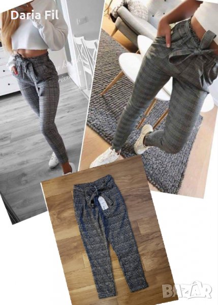 Кариран спортно-елегантен панталон с висока талия , снимка 1