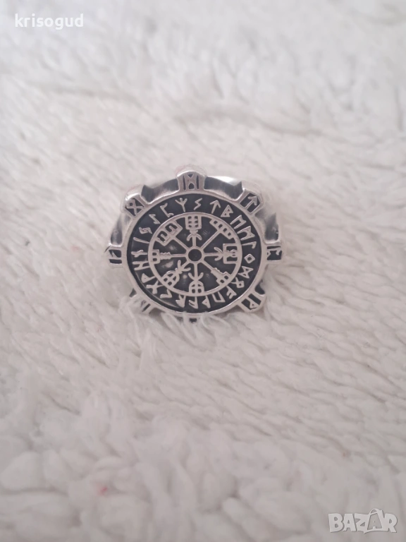 Мъжки сребърен пръстен S925 с Викингски компас Vegvísir & руни 18мм., снимка 1