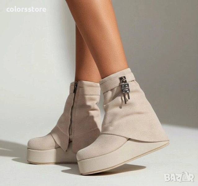 Боти на платформа - бежов велур - DHG55 , снимка 1