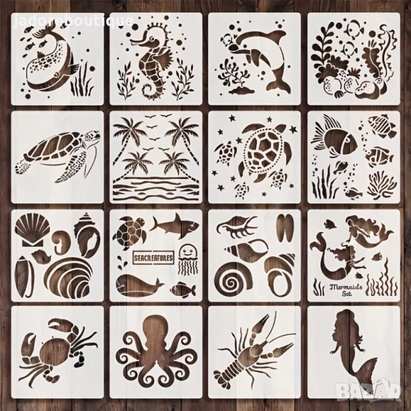 Шаблон стенсил морски различни видове 15х15 см рак омар делфин русалки скрапбук декупаж декорация , снимка 1