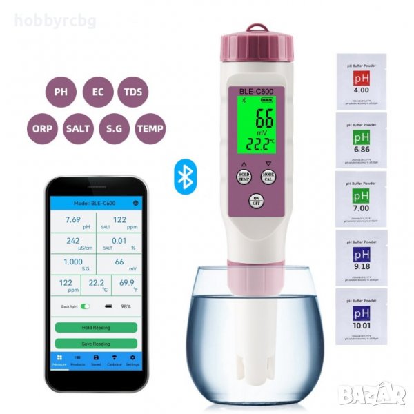 Tестер за измерване на pH, TDS, EC, соленост, S.G, ORP и температура, bluetooth, снимка 1