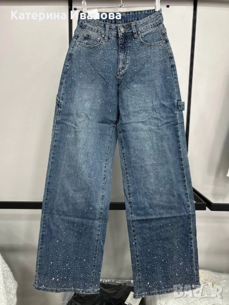 Дамски дънки с принт камъни, снимка 1