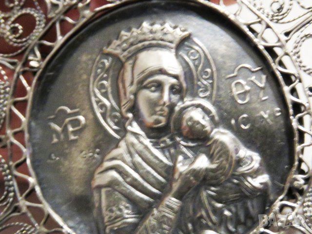 Възрожденска Сребърна икона, амулет, накит, медальон с Богородица, Дева Мария - Панагия 60 мм сребро, снимка 3 - Антикварни и старинни предмети - 32350179