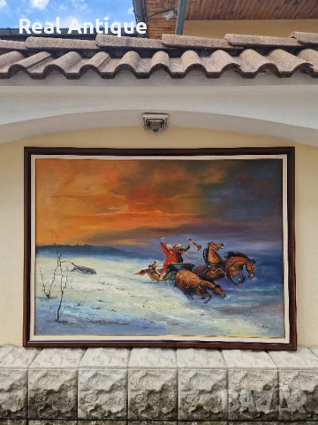 Огромна антикварна авторска майсторска картина масло върху платно 
