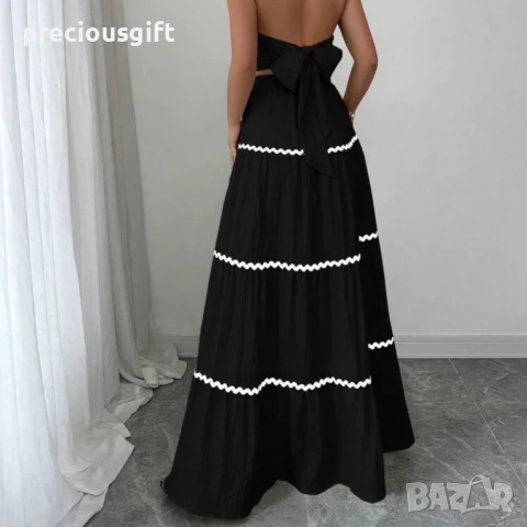 Дамски комплект - дълга пола и топ без презрамки, наличен в бежово, черено, червено, синьо, жълто, снимка 4 - Комплекти - 51367930