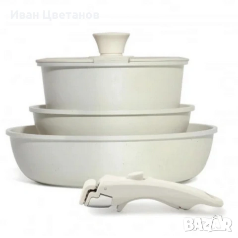 Комплект съдове Goldmann GM-1005 – 5 части с подвижна дръжка, мраморно покритие и индукция, снимка 2 - Съдове за готвене - 53125593