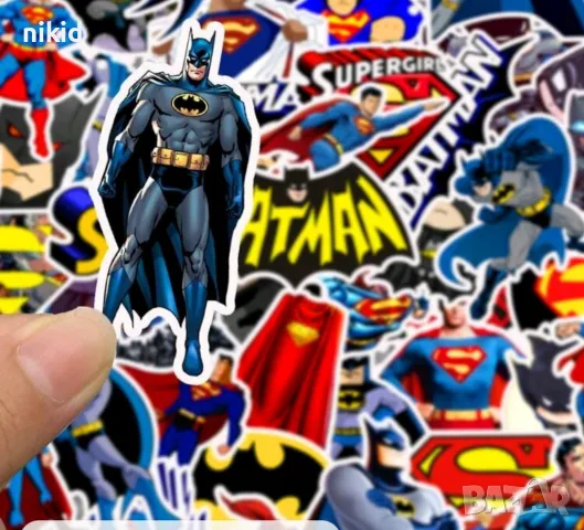 50 бр Супермен Батман самозалепващи лепенки стикери за украса декор картонена торта др